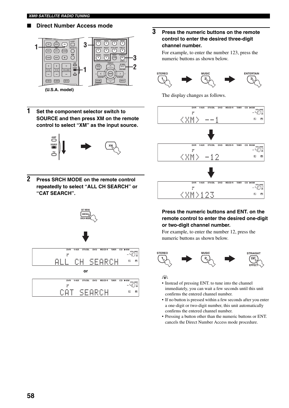 All ch search, Cat search, Xm> -12 | Xm>123, Direct number access mode, U.s.a. model), Xm® satellite radio tuning | Yamaha HTR-5940 AV User Manual | Page 62 / 169