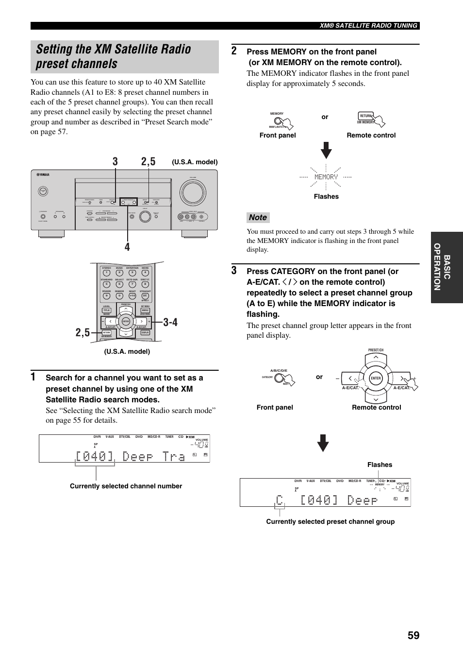 Setting the xm satellite radio preset channels, Channels (see, 040] deep tra | C[040] deep, Auto/man'l man'l/auto fm level next edit effect, Search mode display category, U.s.a. model), Currently selected channel number, Flashes or front panel remote control, Currently selected preset channel group | Yamaha HTR-5940 AV User Manual | Page 63 / 169