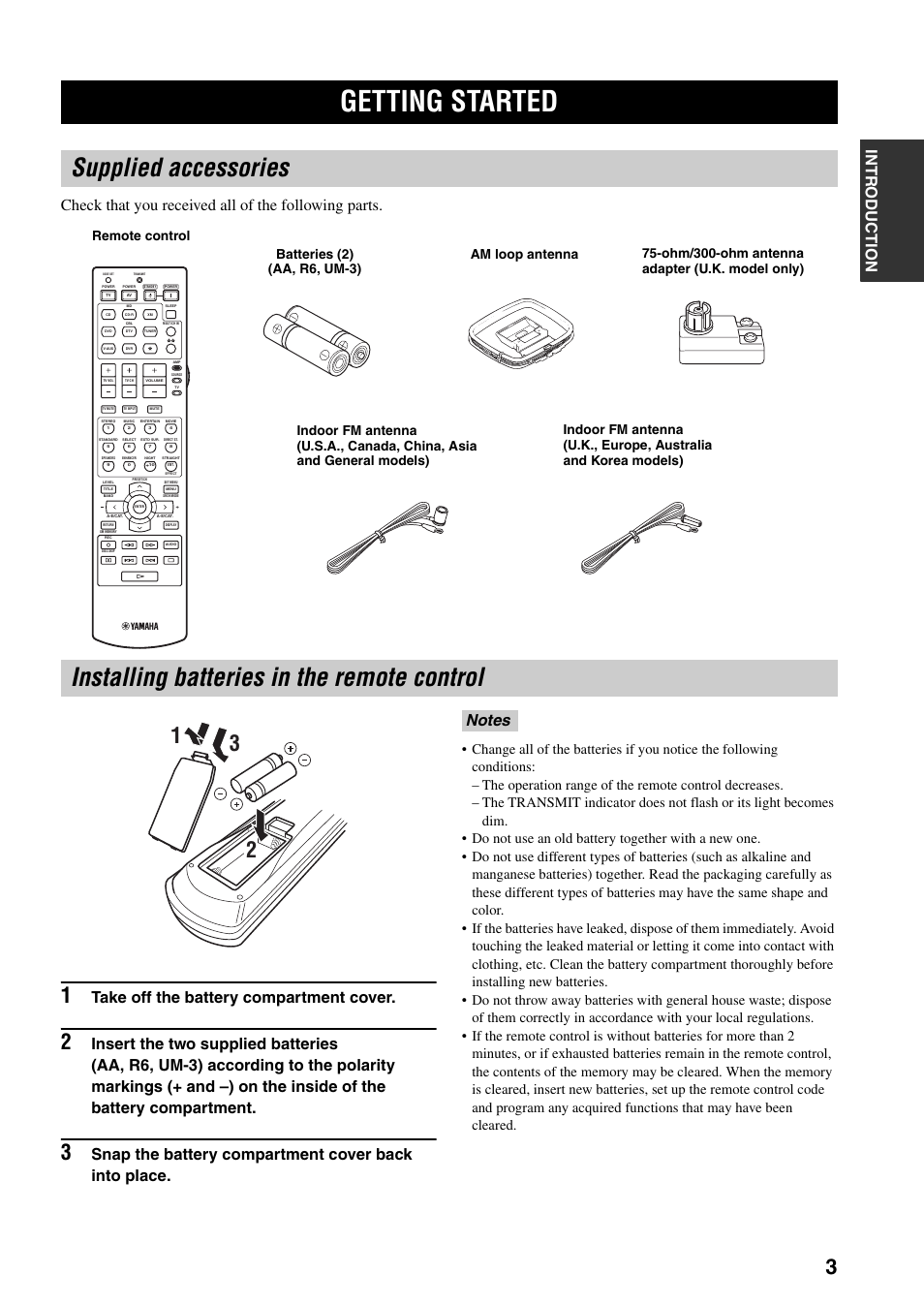 Getting started, Supplied accessories, Installing batteries in the remote control | Take off the battery compartment cover, Snap the battery compartment cover back into place | Yamaha HTR-5940 AV User Manual | Page 7 / 169