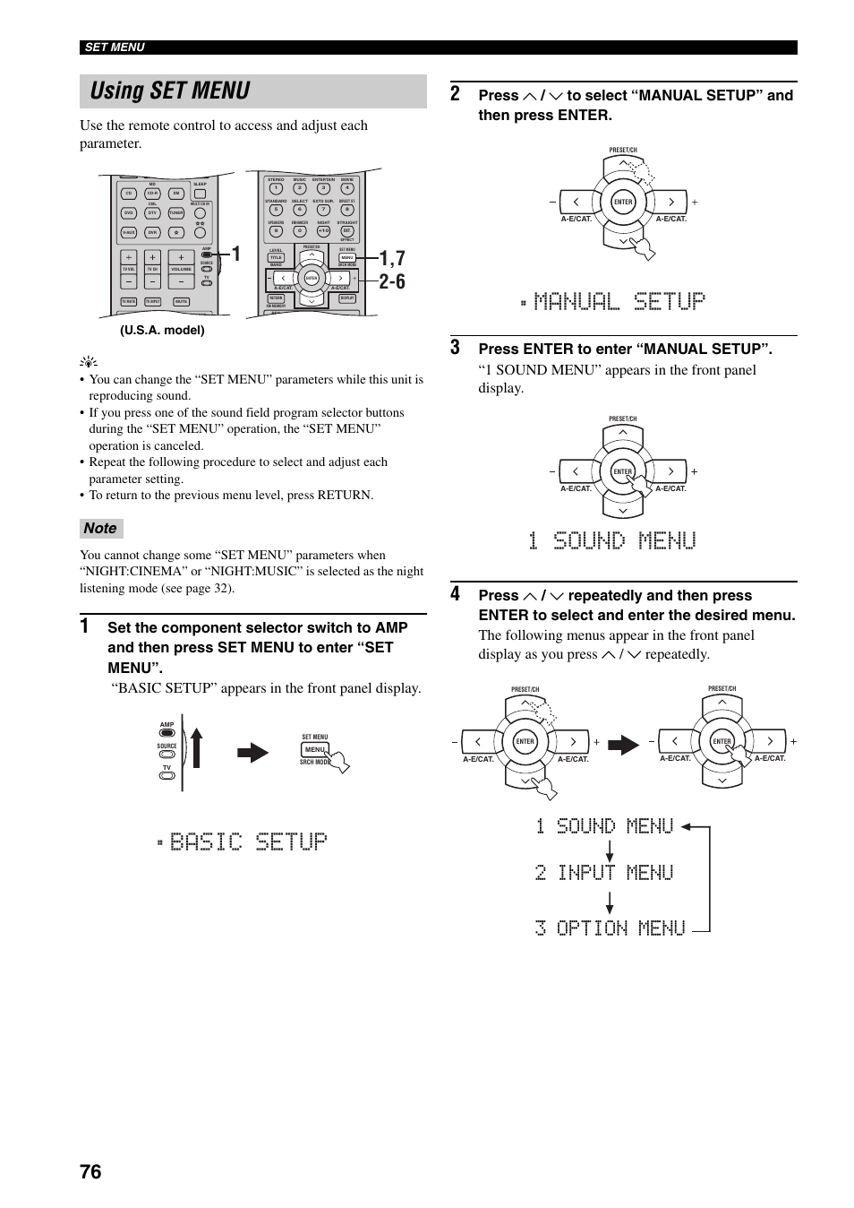 Using set menu, Basic setup, Manual setup | 1 sound menu, 1 sound menu 2 input menu 3 option menu, U.s.a. model) | Yamaha HTR-5940 AV User Manual | Page 80 / 169