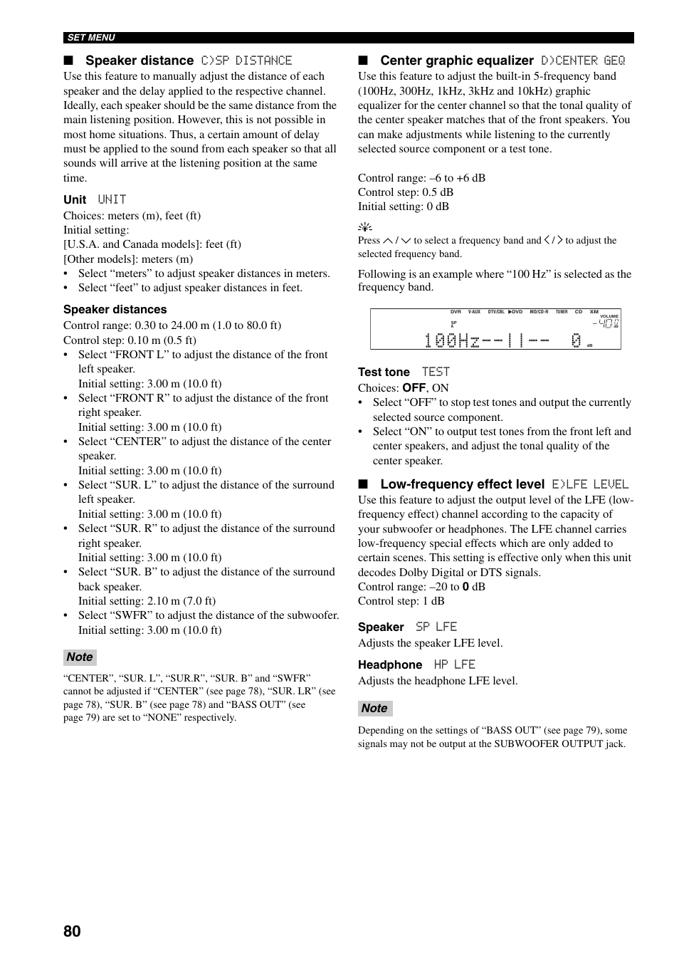 100hz, Speaker distance, Center graphic equalizer | Low-frequency effect level | Yamaha HTR-5940 AV User Manual | Page 84 / 169