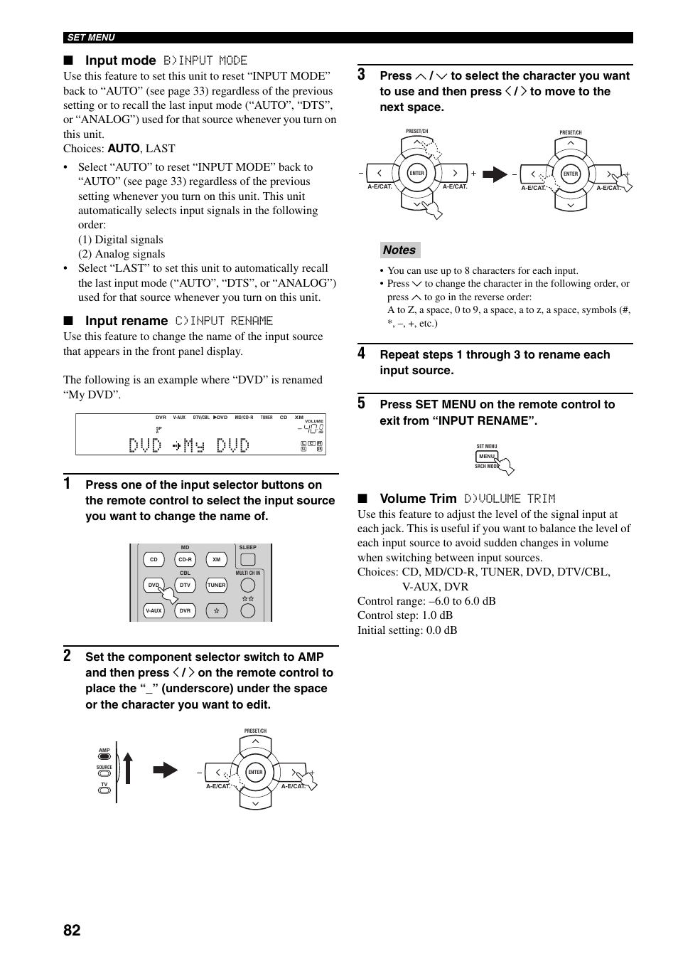 Dvd my dvd, Input mode, Input rename | Volume trim | Yamaha HTR-5940 AV User Manual | Page 86 / 169