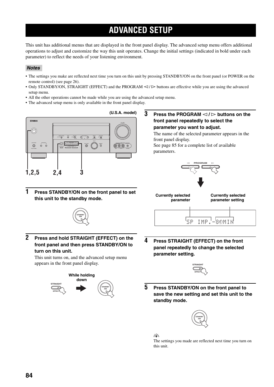 Advanced setup, Sp imp min, Auto/man'l man'l/auto fm level next edit effect | Search mode display category | Yamaha HTR-5940 AV User Manual | Page 88 / 169