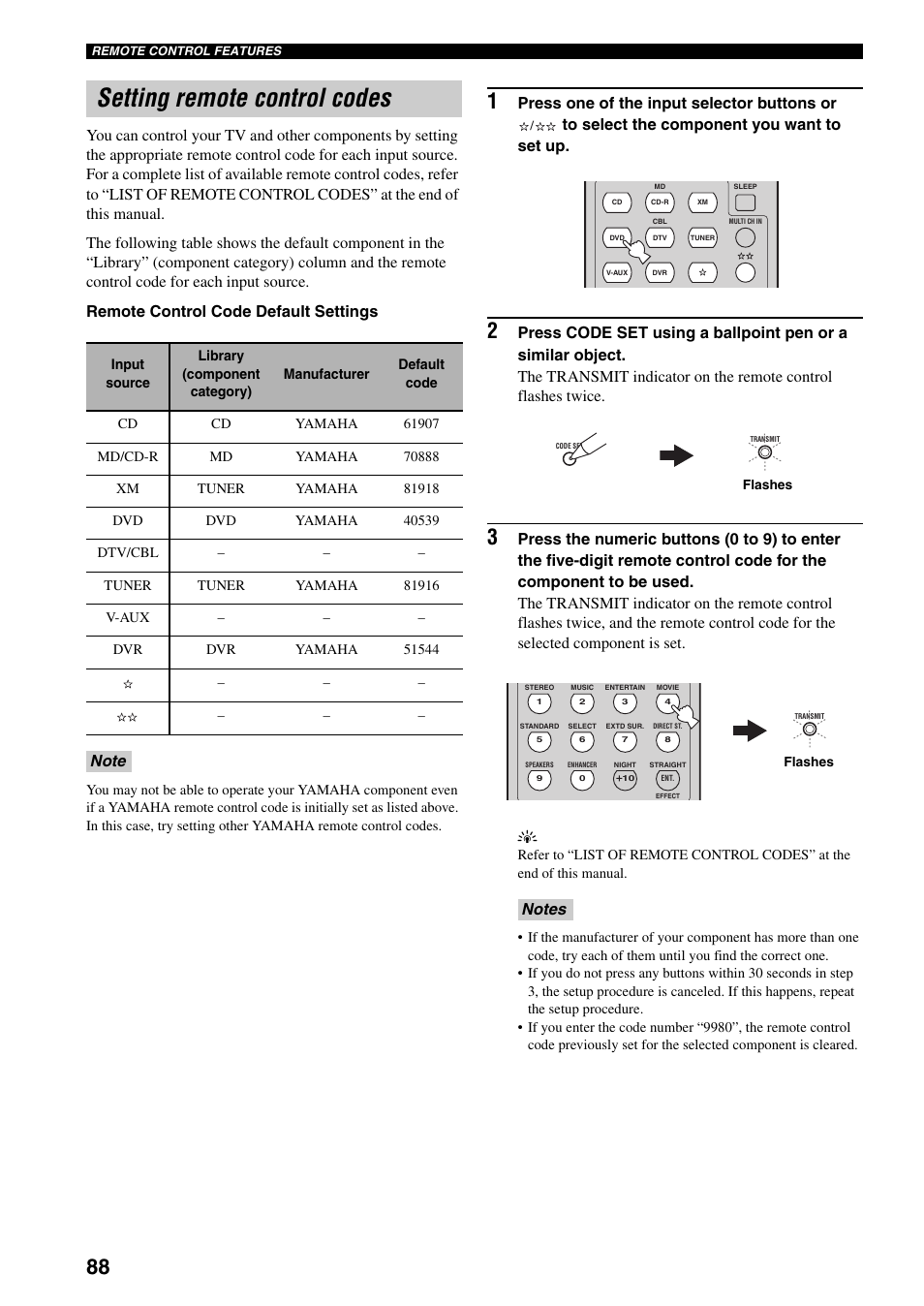 Setting remote control codes, Press one of the input selector buttons or | Yamaha HTR-5940 AV User Manual | Page 92 / 169