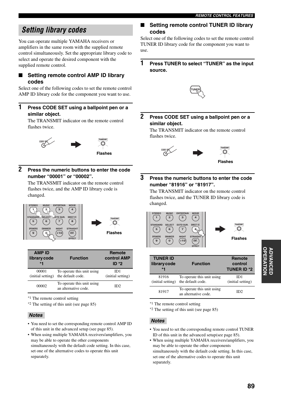 Setting library codes, Setting remote control amp id library codes, Setting remote control tuner id library codes | Press tuner to select “tuner” as the input source | Yamaha HTR-5940 AV User Manual | Page 93 / 169