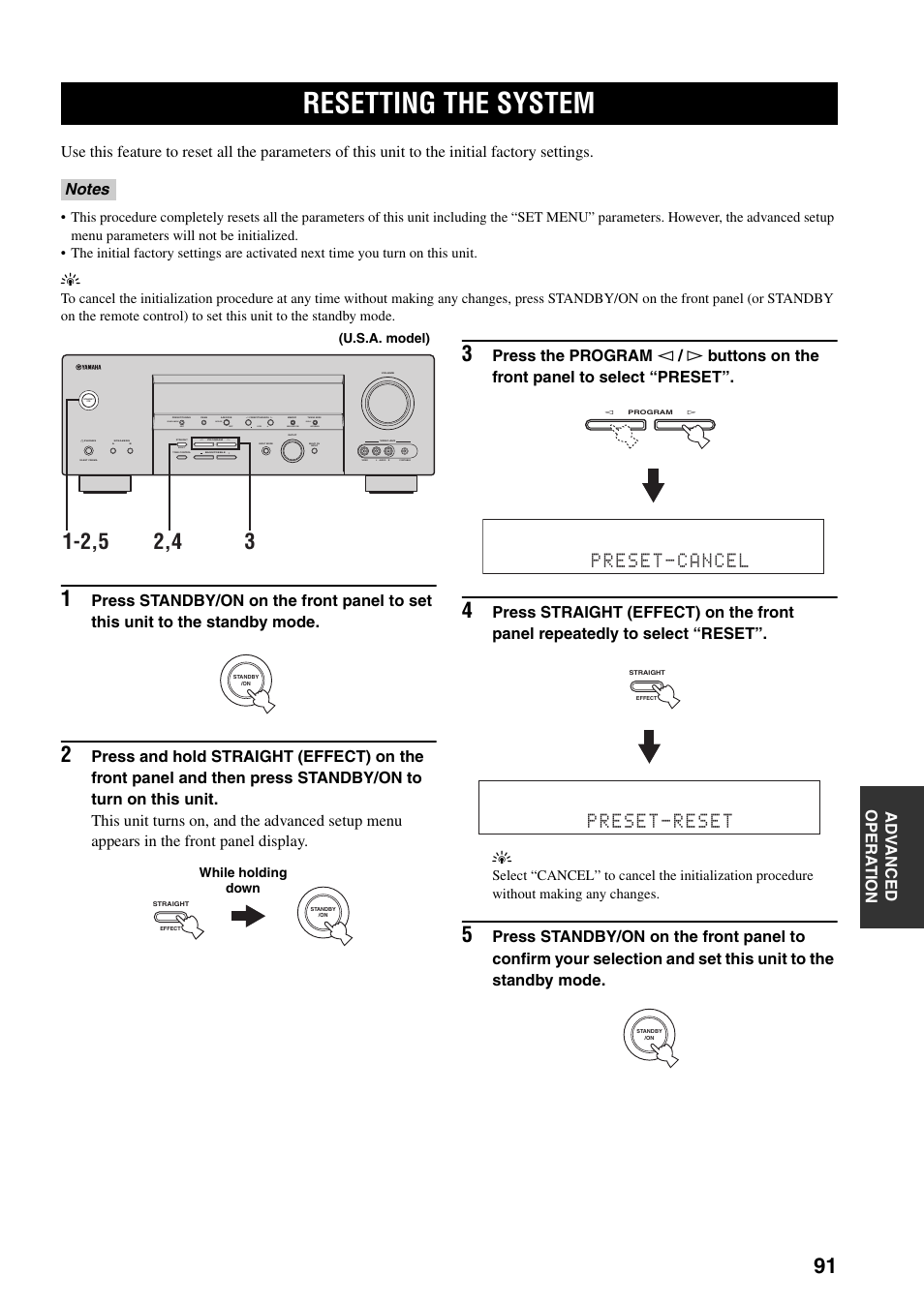 Resetting the system, Preset-cancel, Preset-reset | Yamaha HTR-5940 AV User Manual | Page 95 / 169