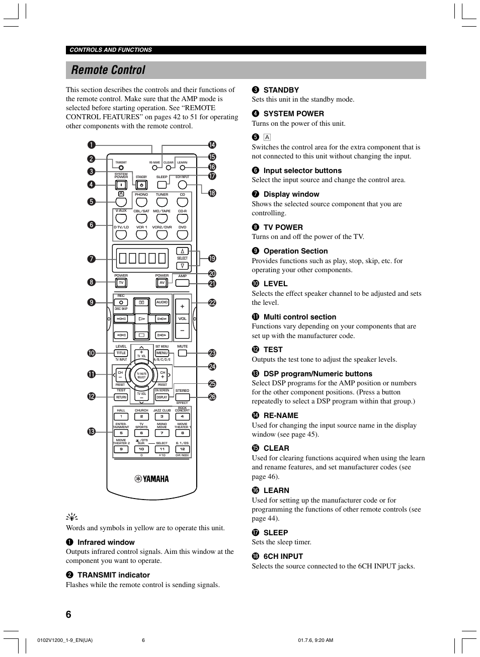 Remote control | Yamaha RX-V1200 User Manual | Page 10 / 84
