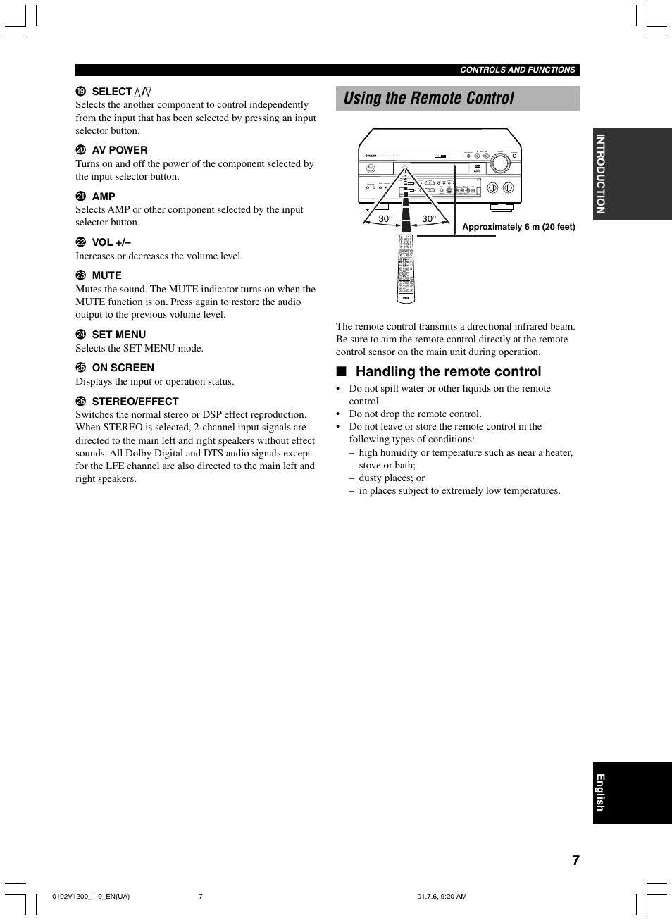 Using the remote control, Handling the remote control | Yamaha RX-V1200 User Manual | Page 11 / 84