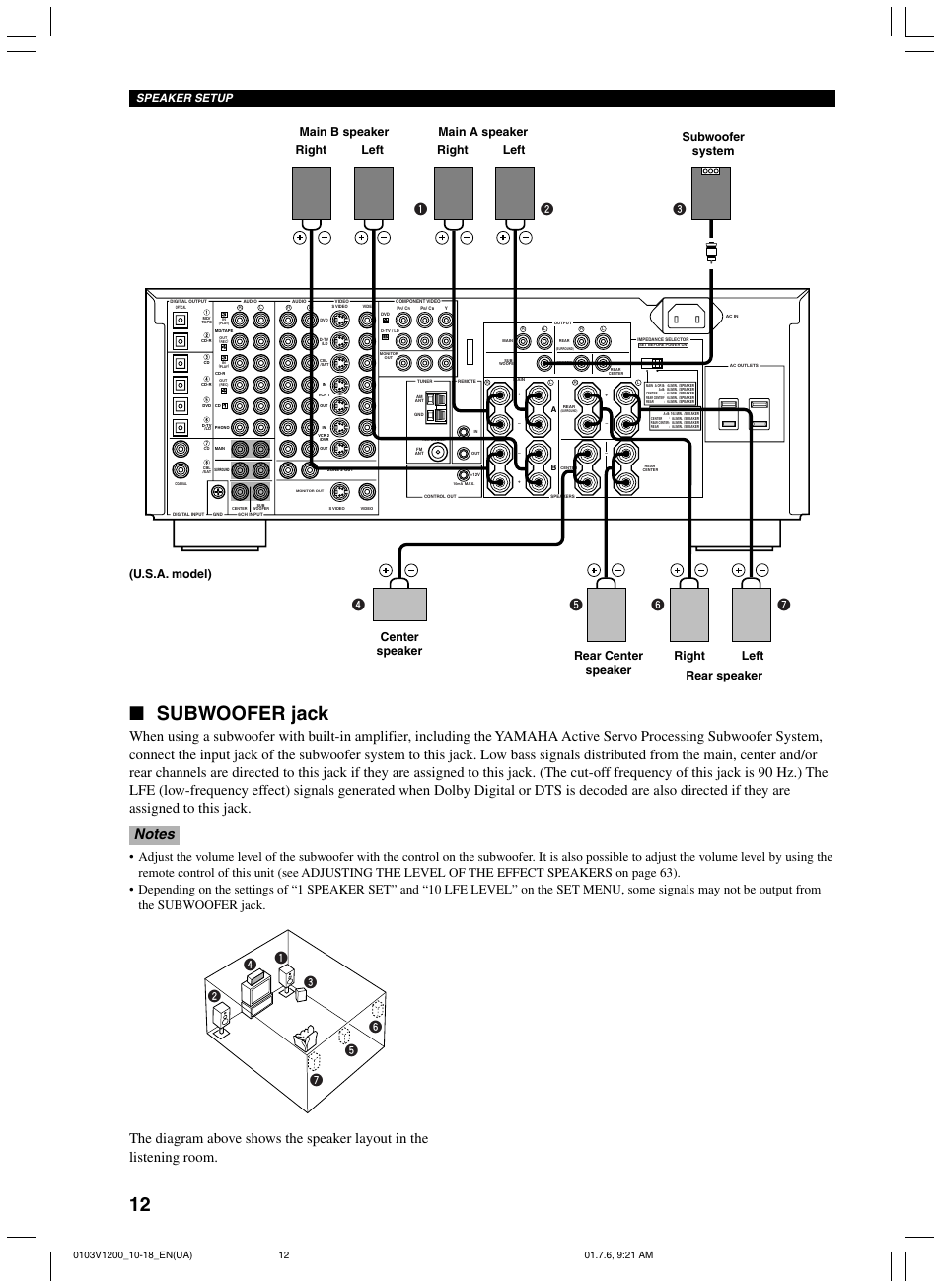 Subwoofer jack, Right left main a speaker right left left, Speaker setup | Yamaha RX-V1200 User Manual | Page 16 / 84