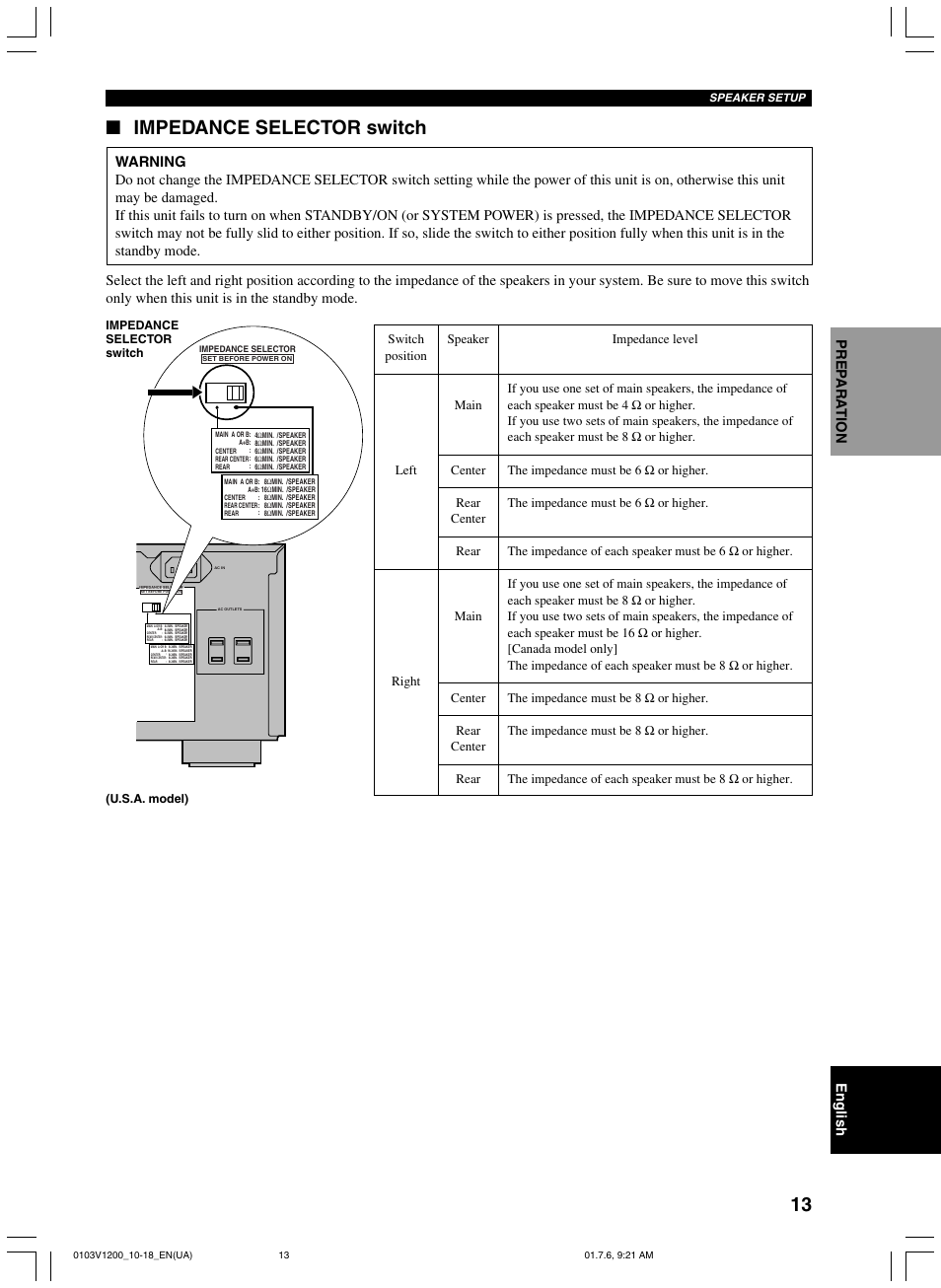 Impedance selector switch | Yamaha RX-V1200 User Manual | Page 17 / 84