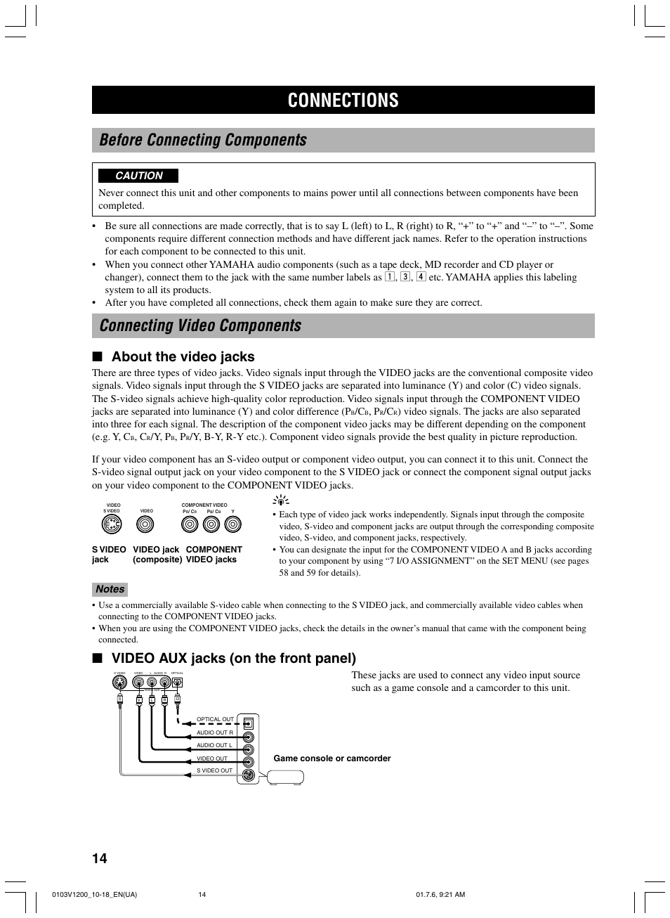 Connections, Before connecting components, Connecting video components | About the video jacks, Video aux jacks (on the front panel), Caution | Yamaha RX-V1200 User Manual | Page 18 / 84