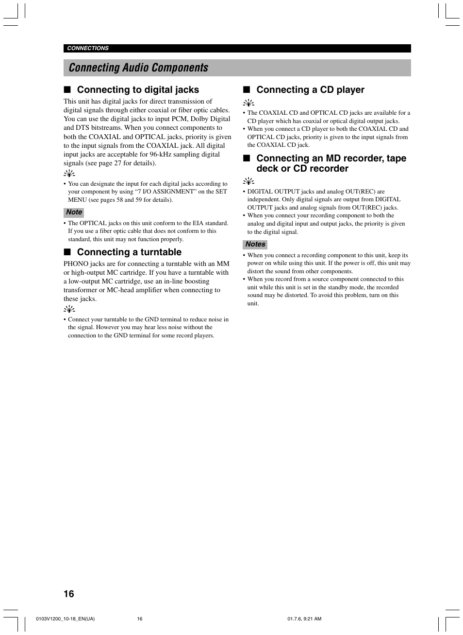 Connecting audio components, Connecting to digital jacks, Connecting a turntable | Connecting a cd player y | Yamaha RX-V1200 User Manual | Page 20 / 84