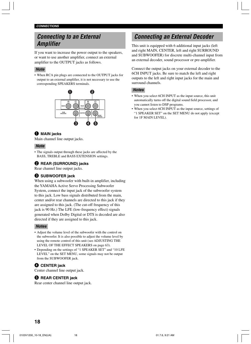 Connecting to an external amplifier, Connecting an external decoder | Yamaha RX-V1200 User Manual | Page 22 / 84