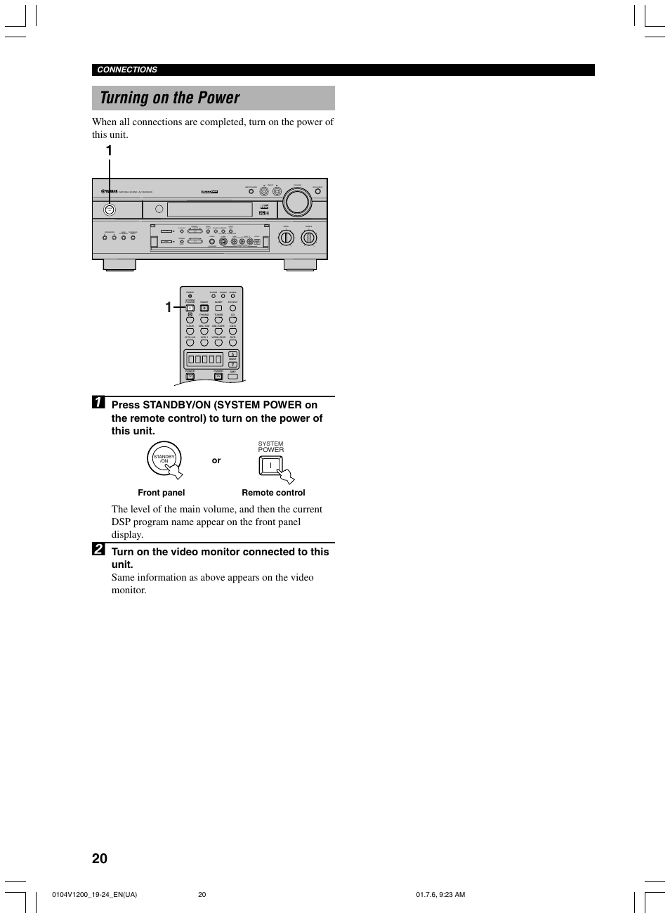 Turning on the power, Video aux silent program stereo | Yamaha RX-V1200 User Manual | Page 24 / 84