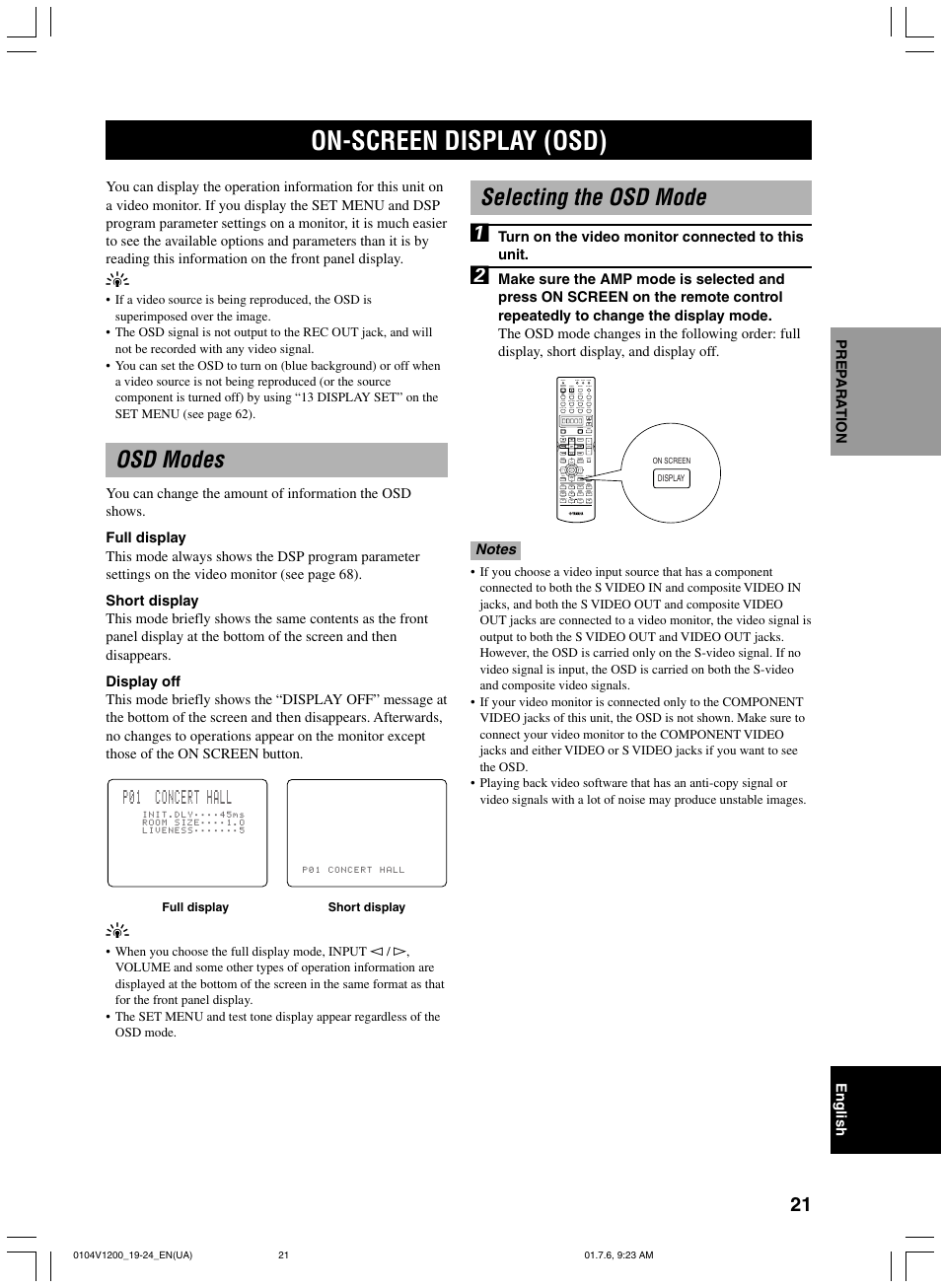 On-screen display (osd), Osd modes, Selecting the osd mode | Selecting the osd mode 1, P01 concert hall | Yamaha RX-V1200 User Manual | Page 25 / 84