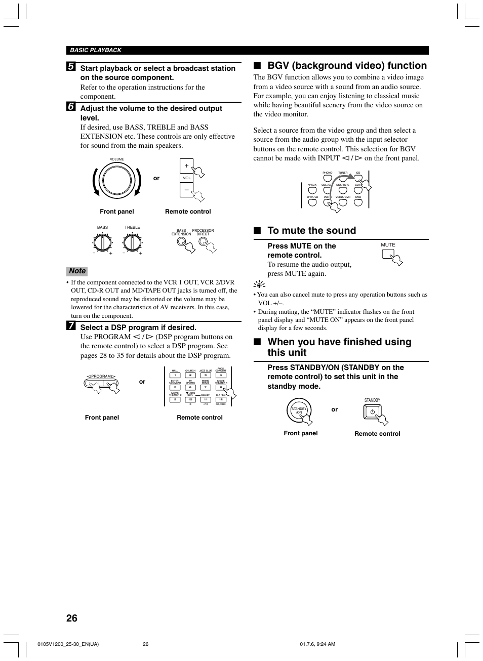 Bgv (background video) function, When you have finished using this unit, Front panel or remote control | Front panel remote control | Yamaha RX-V1200 User Manual | Page 30 / 84