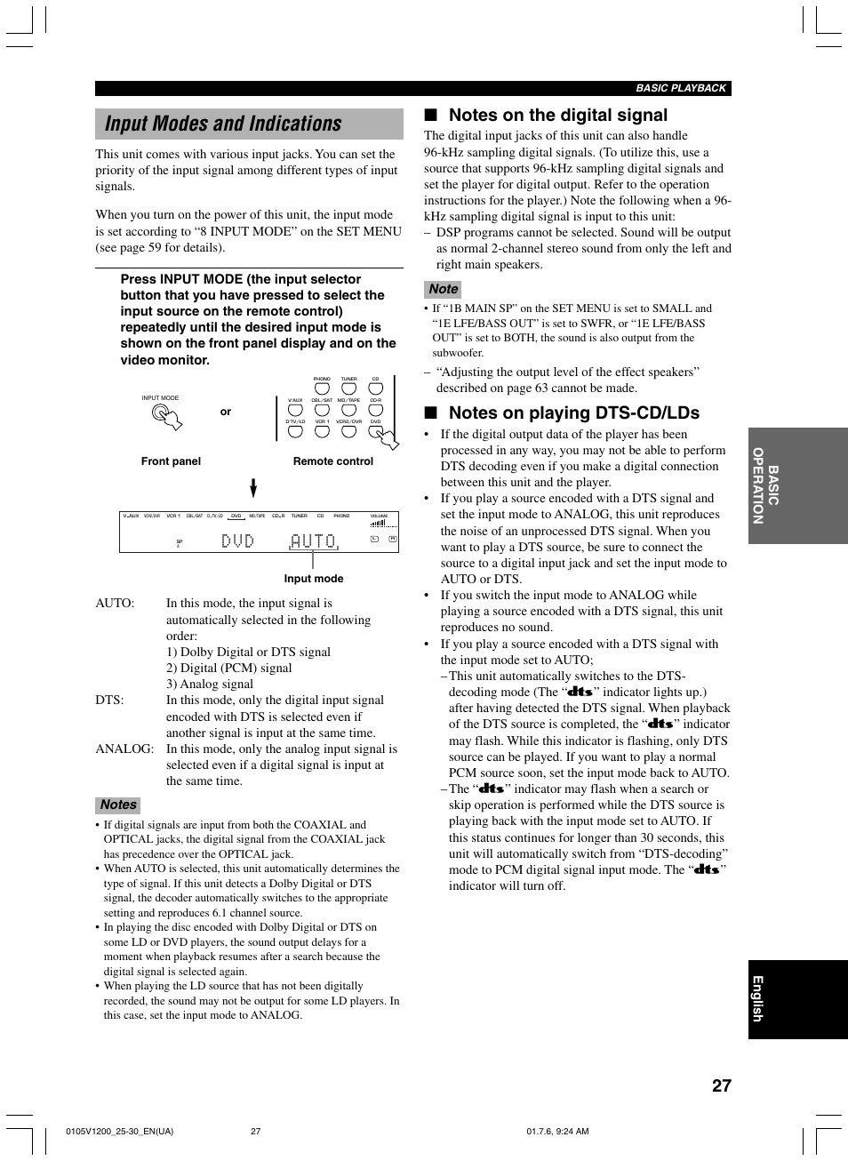 Input modes and indications | Yamaha RX-V1200 User Manual | Page 31 / 84
