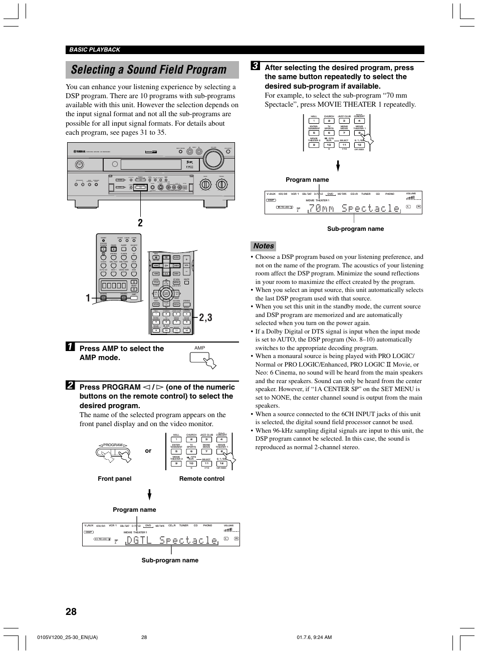 Selecting a sound field program, Press amp to select the amp mode, Video aux silent program stereo | Program name sub-program name, Basic playback | Yamaha RX-V1200 User Manual | Page 32 / 84