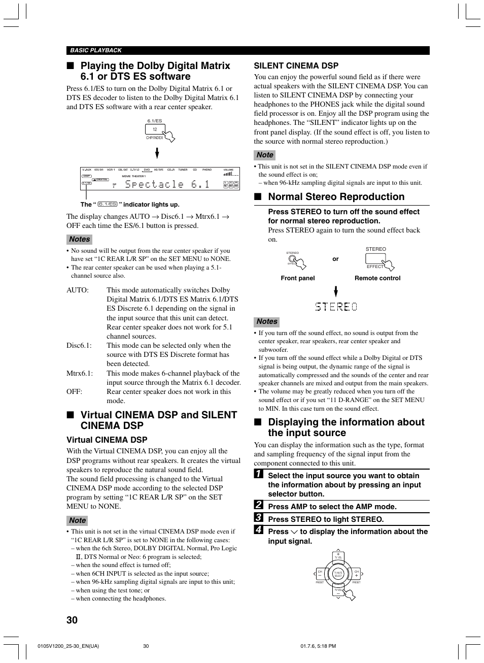 Virtual cinema dsp and silent cinema dsp, Normal stereo reproduction, Displaying the information about the input source | Virtual cinema dsp, Silent cinema dsp | Yamaha RX-V1200 User Manual | Page 34 / 84