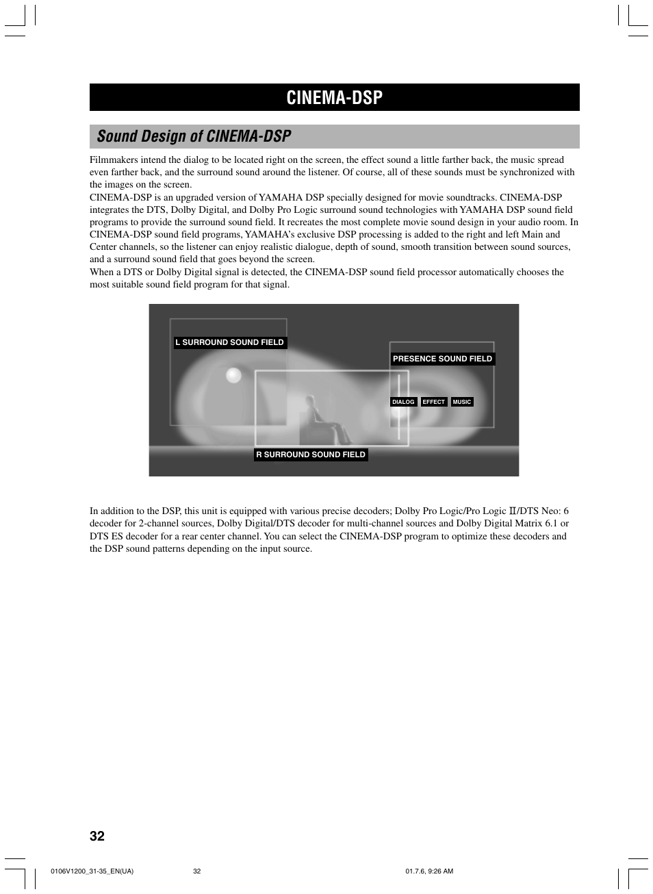 Cinema-dsp, Sound design of cinema-dsp | Yamaha RX-V1200 User Manual | Page 36 / 84