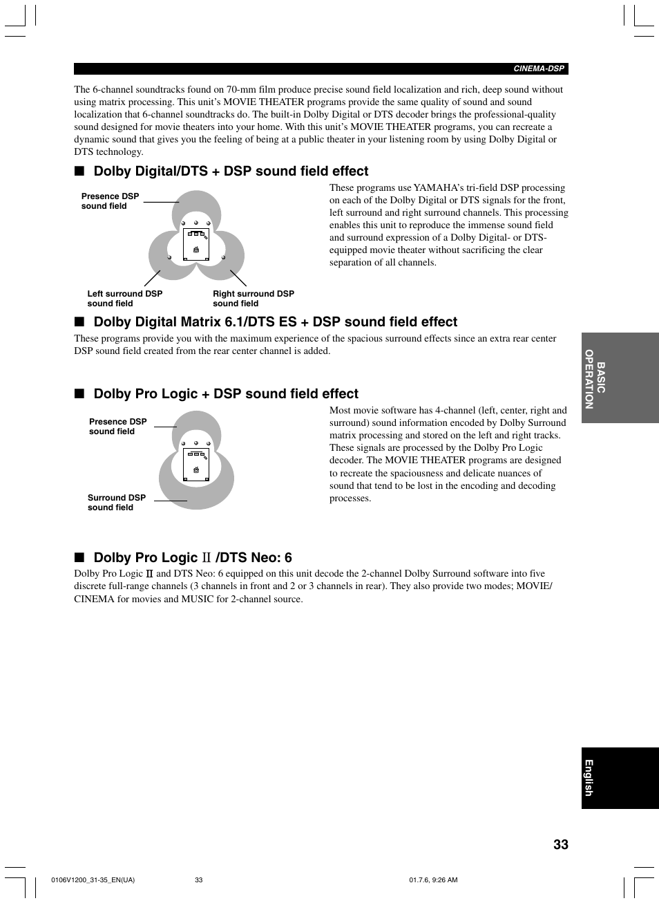 Dolby digital/dts + dsp sound field effect, Dolby pro logic + dsp sound field effect, Dolby pro logic /dts neo: 6 | Yamaha RX-V1200 User Manual | Page 37 / 84