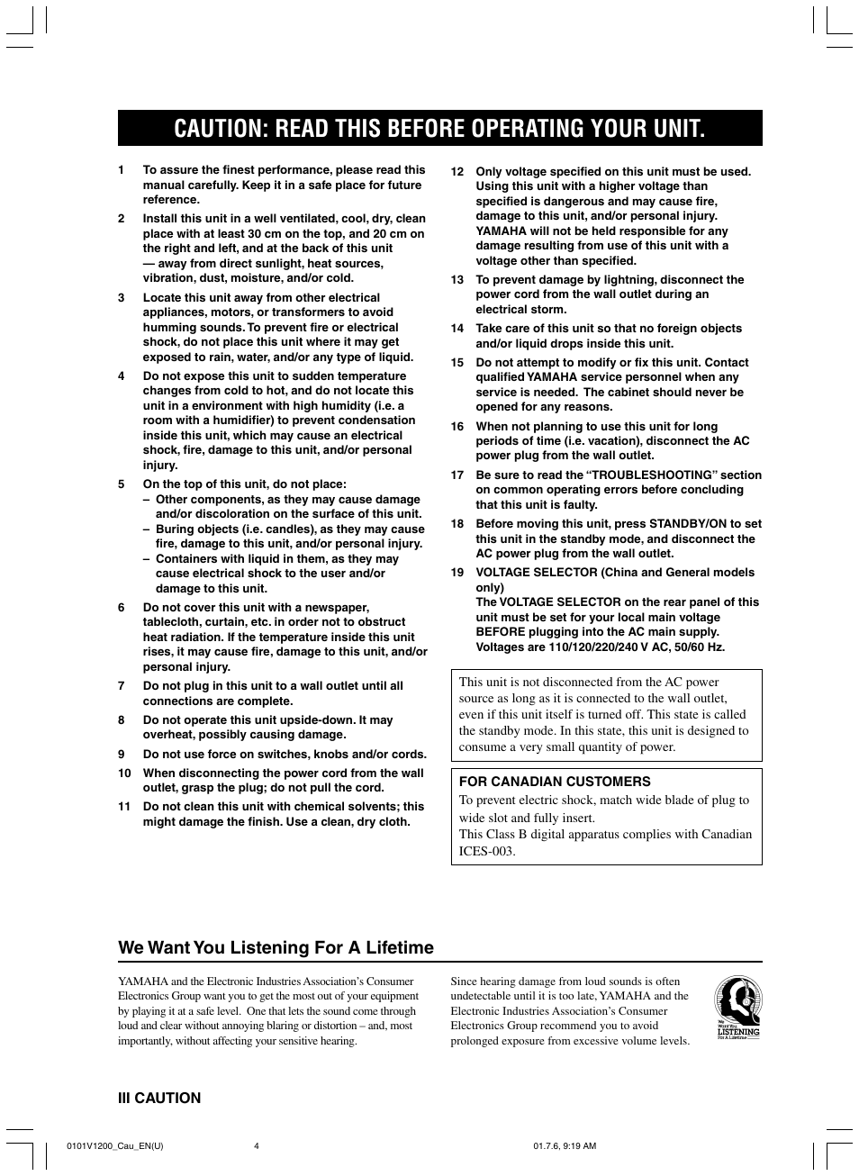 Caution: read this before operating your unit, We want you listening for a lifetime | Yamaha RX-V1200 User Manual | Page 4 / 84