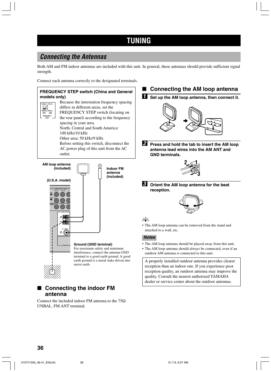 Tuning, Connecting the antennas, 36 ■ connecting the am loop antenna | Connecting the indoor fm antenna, Set up the am loop antenna, then connect it, Orient the am loop antenna for the beat reception | Yamaha RX-V1200 User Manual | Page 40 / 84