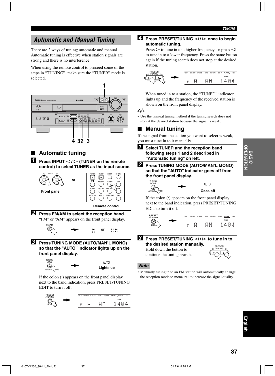 Automatic and manual tuning, Manual tuning, Automatic tuning | Aa m 1 4 0 4, Video aux silent program stereo | Yamaha RX-V1200 User Manual | Page 41 / 84