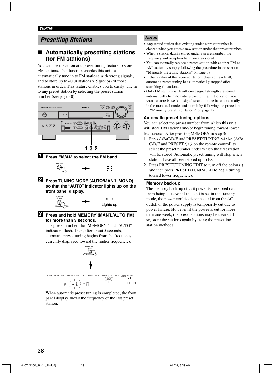 Presetting stations, A 1 : f m, Press fm/am to select the fm band | Video aux silent program stereo | Yamaha RX-V1200 User Manual | Page 42 / 84