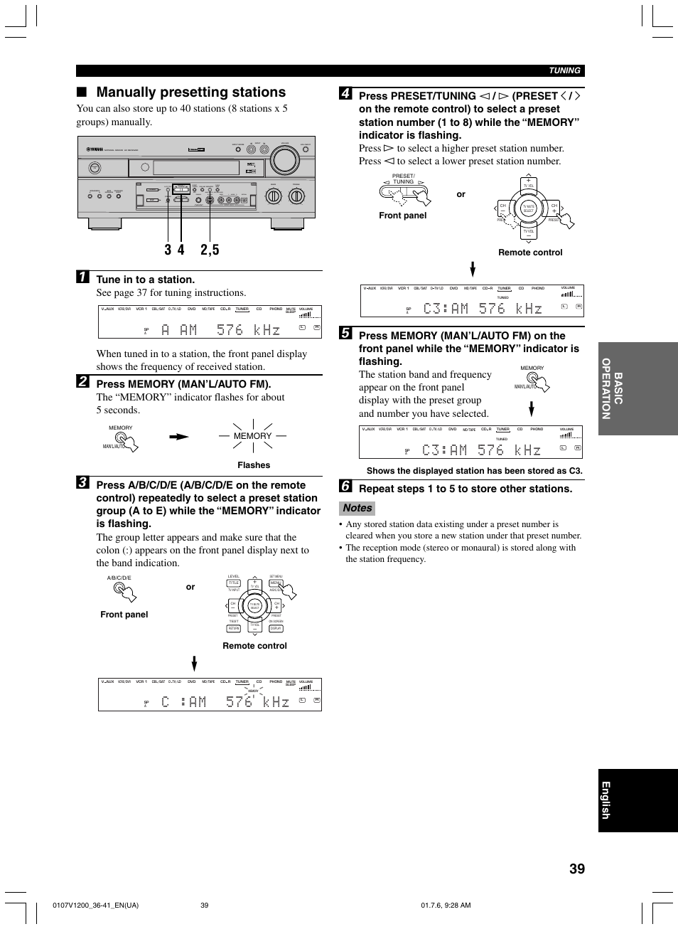 Manually presetting stations, C : a m 5 7 6 k h z, A a m 5 7 6 k h z | C 3 : a m 5 7 6 k h z, Video aux silent program stereo, Repeat steps 1 to 5 to store other stations | Yamaha RX-V1200 User Manual | Page 43 / 84