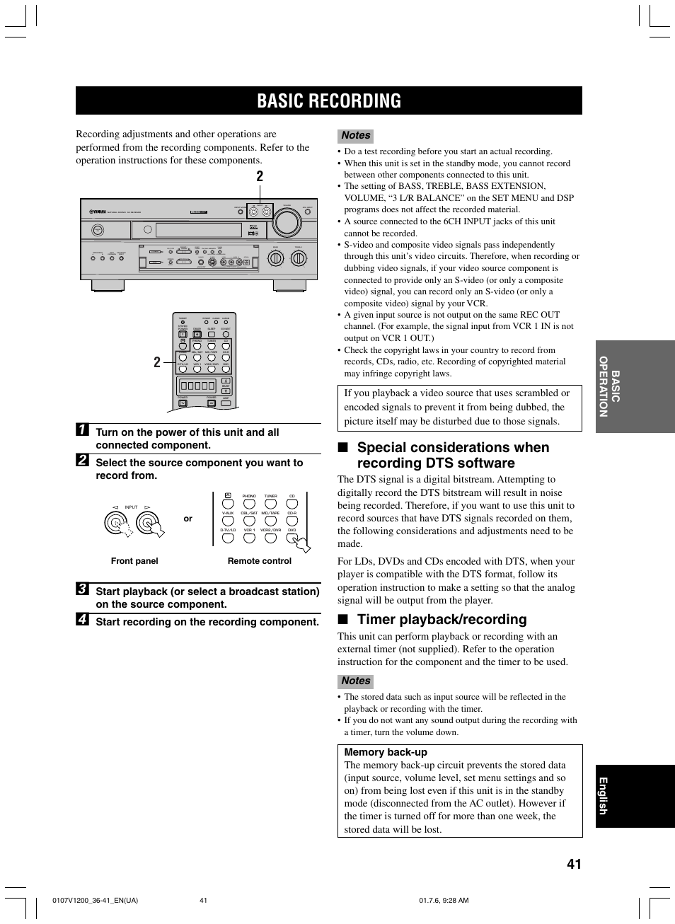 Basic recording, Special considerations when recording dts software, Timer playback/recording | Start recording on the recording component, Video aux silent program stereo | Yamaha RX-V1200 User Manual | Page 45 / 84