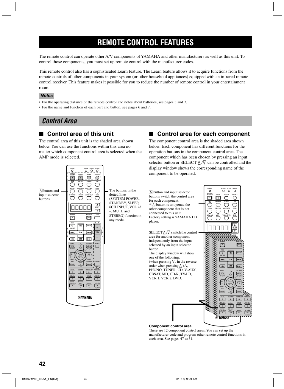 Remote control features, Control area, Control area of this unit | Control area for each component | Yamaha RX-V1200 User Manual | Page 46 / 84