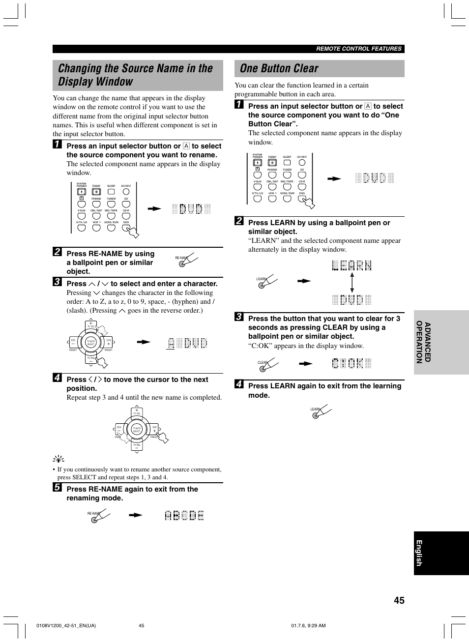 Changing the source name in the display window, One button clear, Press learn again to exit from the learning mode | Press re-name again to exit from the renaming mode | Yamaha RX-V1200 User Manual | Page 49 / 84