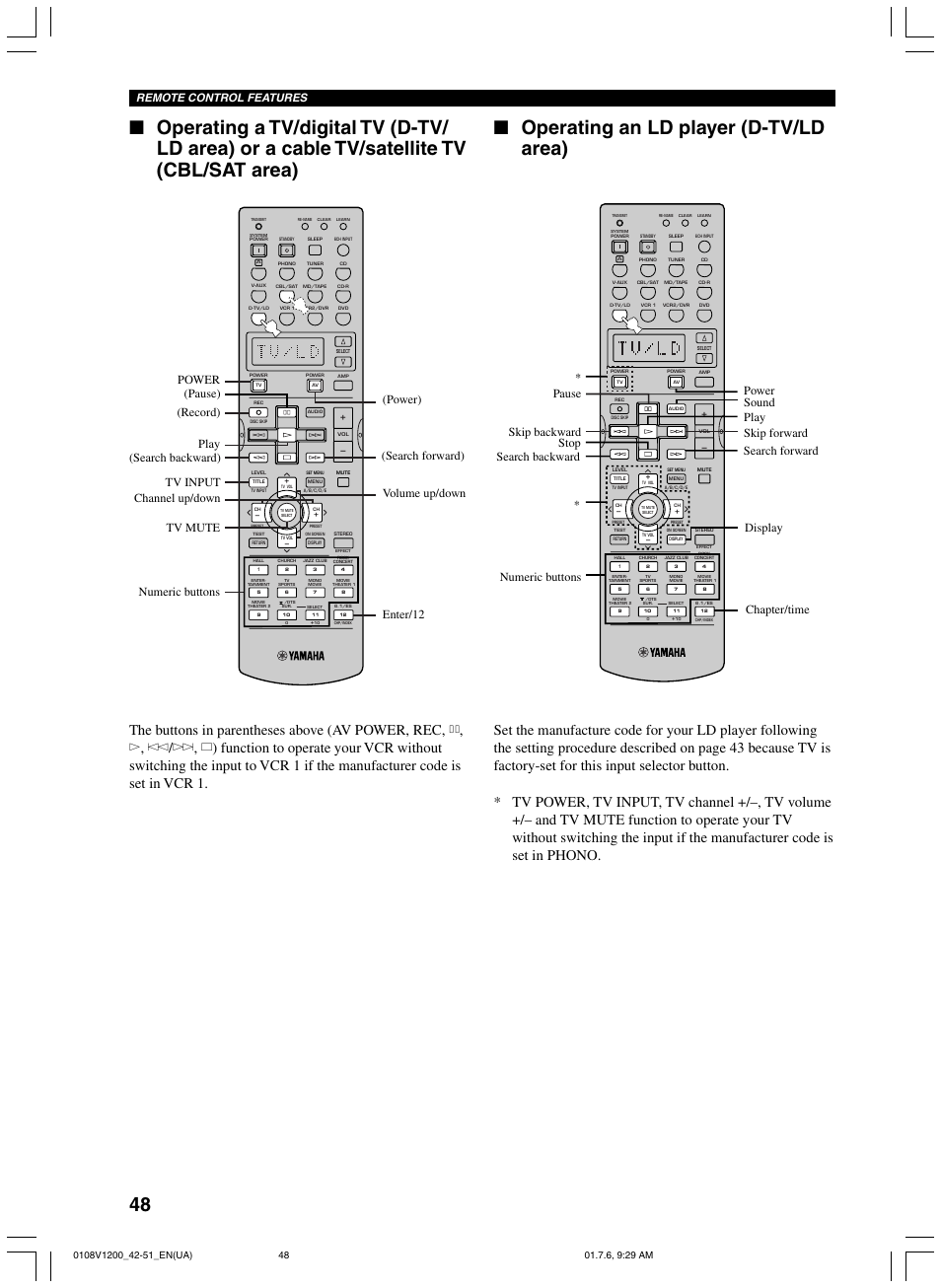 Remote control features | Yamaha RX-V1200 User Manual | Page 52 / 84