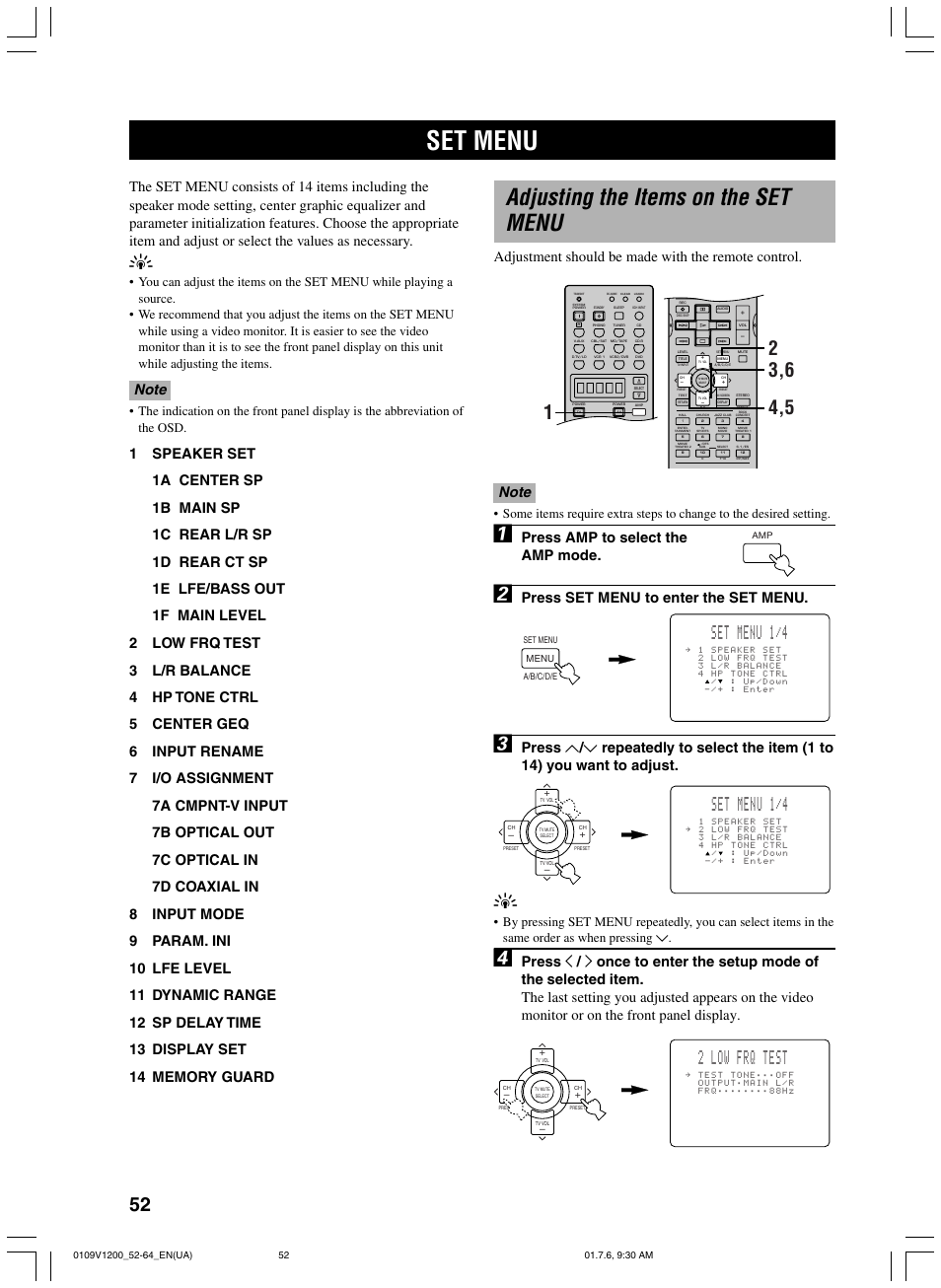 Set menu, Adjusting the items on the set menu, 2 low frq test | Set menu 1/4, Adjustment should be made with the remote control, Press amp to select the amp mode, Press set menu to enter the set menu, Advanced operation | Yamaha RX-V1200 User Manual | Page 56 / 84