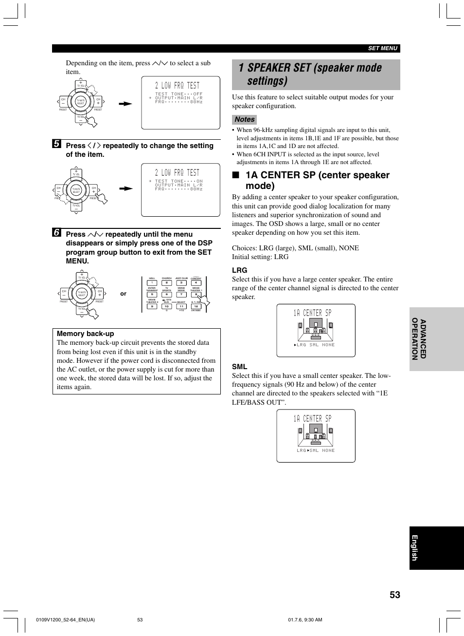 1 speaker set (speaker mode settings), 1a center sp (center speaker mode), 2 low frq test | 1a center sp | Yamaha RX-V1200 User Manual | Page 57 / 84