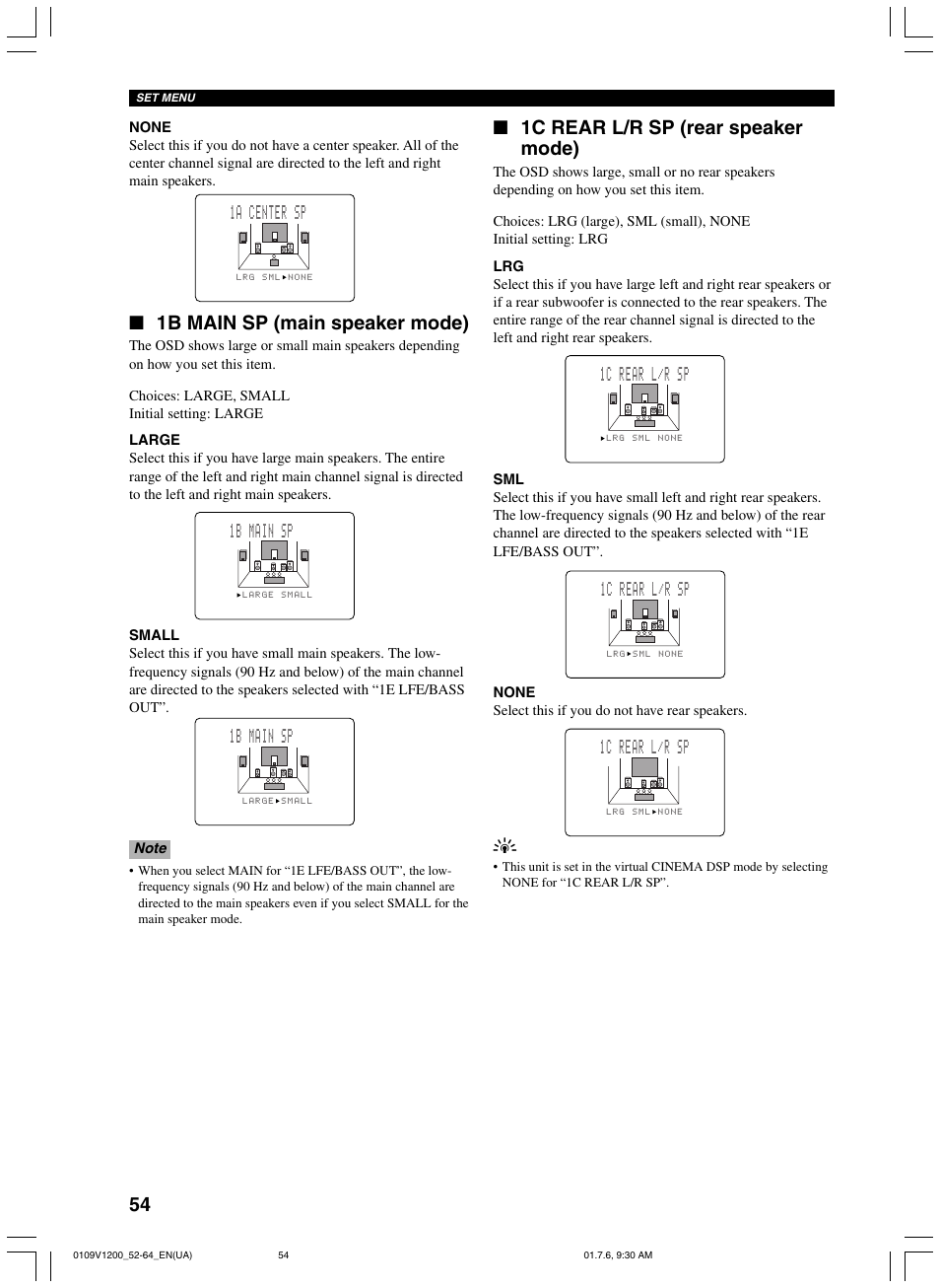 1b main sp (main speaker mode), 1c rear l/r sp (rear speaker mode), 1a center sp | 1b main sp, 1c rear l/r sp | Yamaha RX-V1200 User Manual | Page 58 / 84