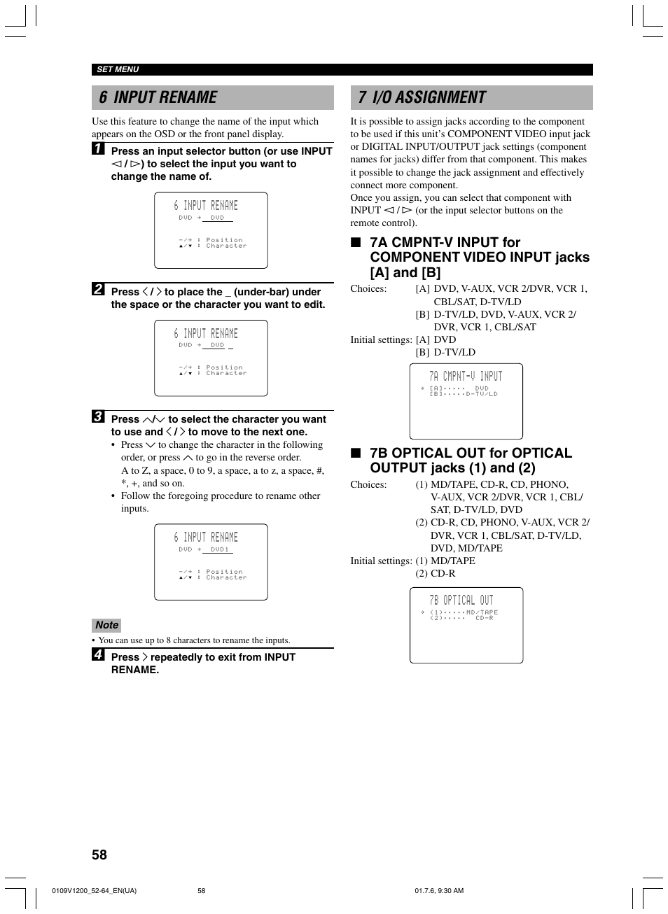 6 input rename, 7 i/o assignment, 7a cmpnt-v input | 7b optical out | Yamaha RX-V1200 User Manual | Page 62 / 84