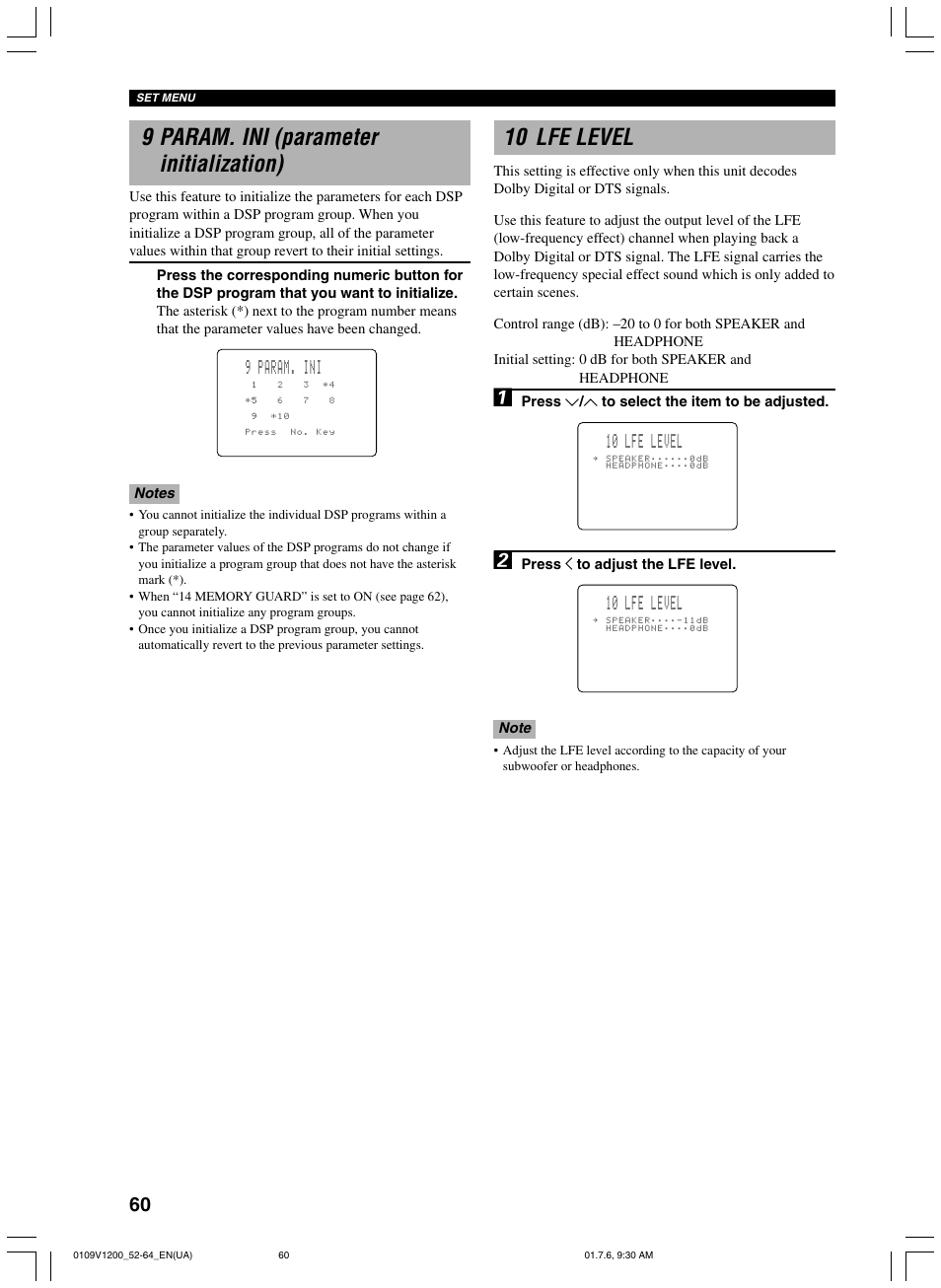 9 param. ini (parameter initialization), 10 lfe level, 9 param. ini | Yamaha RX-V1200 User Manual | Page 64 / 84