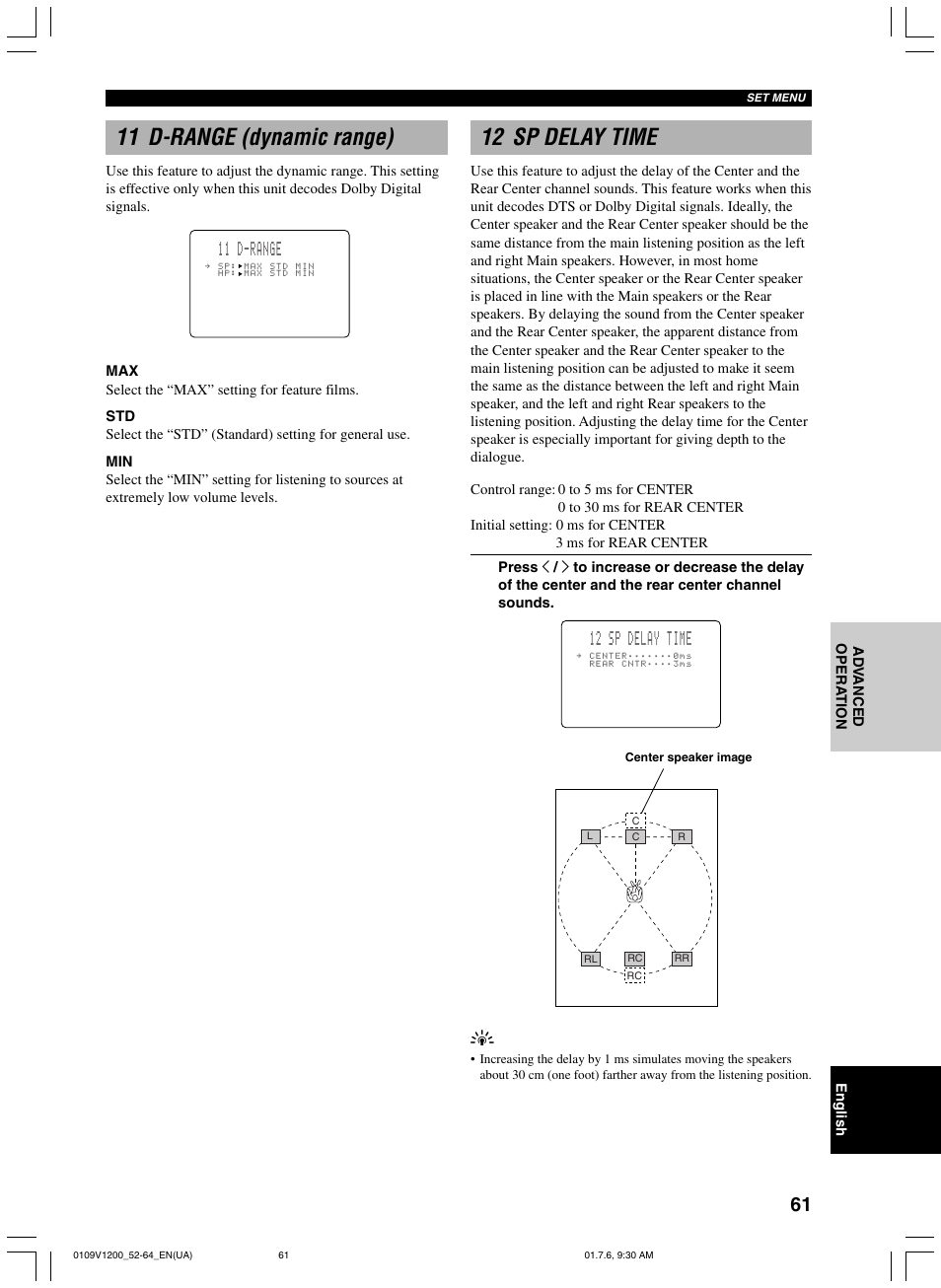 11 d-range (dynamic range), 12 sp delay time, 11 d-range | Yamaha RX-V1200 User Manual | Page 65 / 84