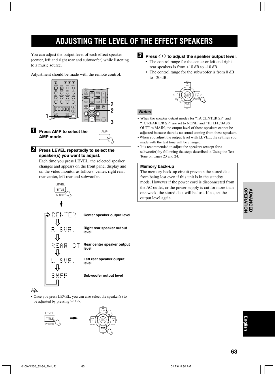 Adjusting the level of the effect speakers, Press amp to select the amp mode | Yamaha RX-V1200 User Manual | Page 67 / 84