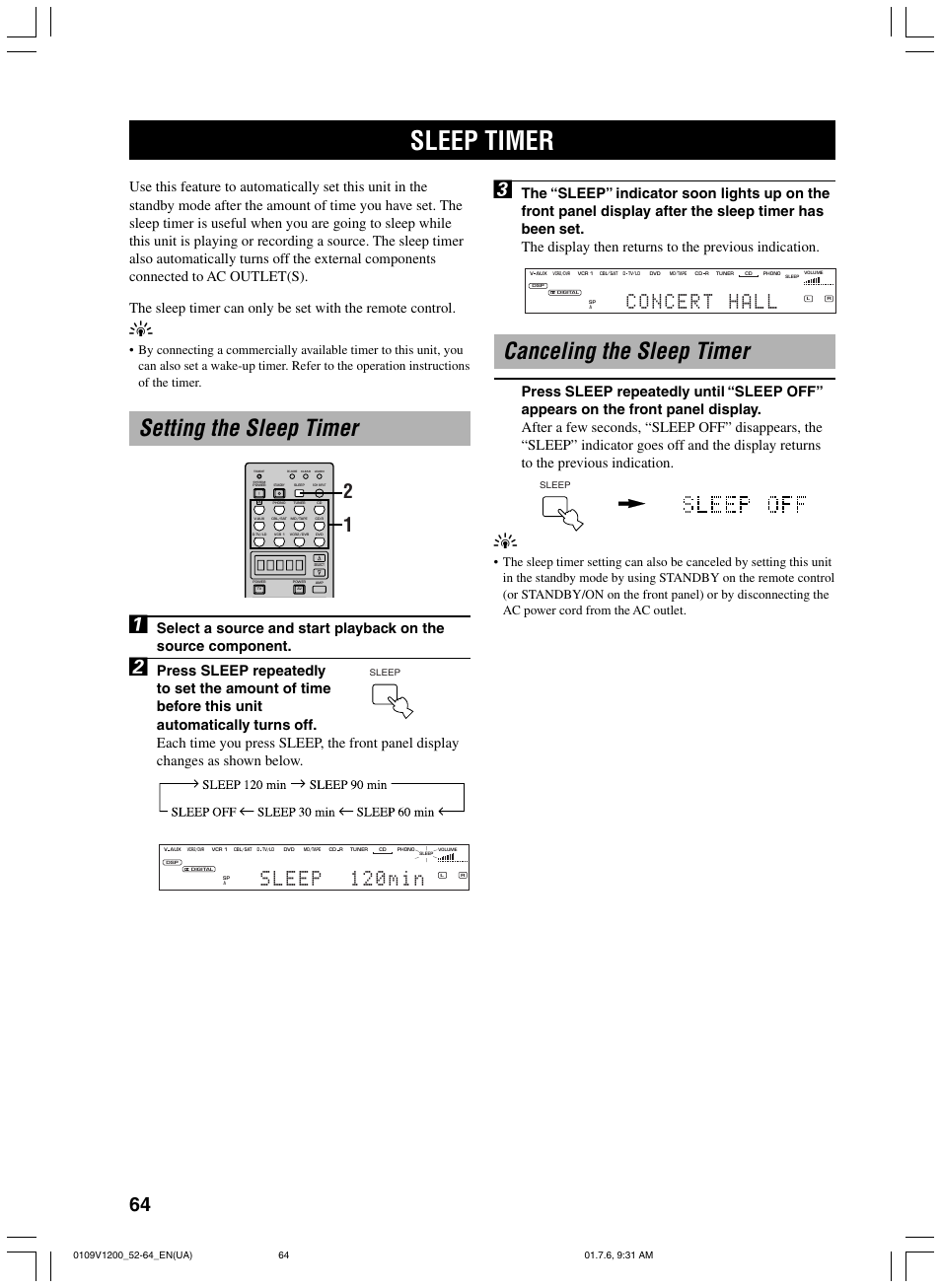 Sleep timer, Setting the sleep timer, Canceling the sleep timer | Setting the sleep timer 1 | Yamaha RX-V1200 User Manual | Page 68 / 84