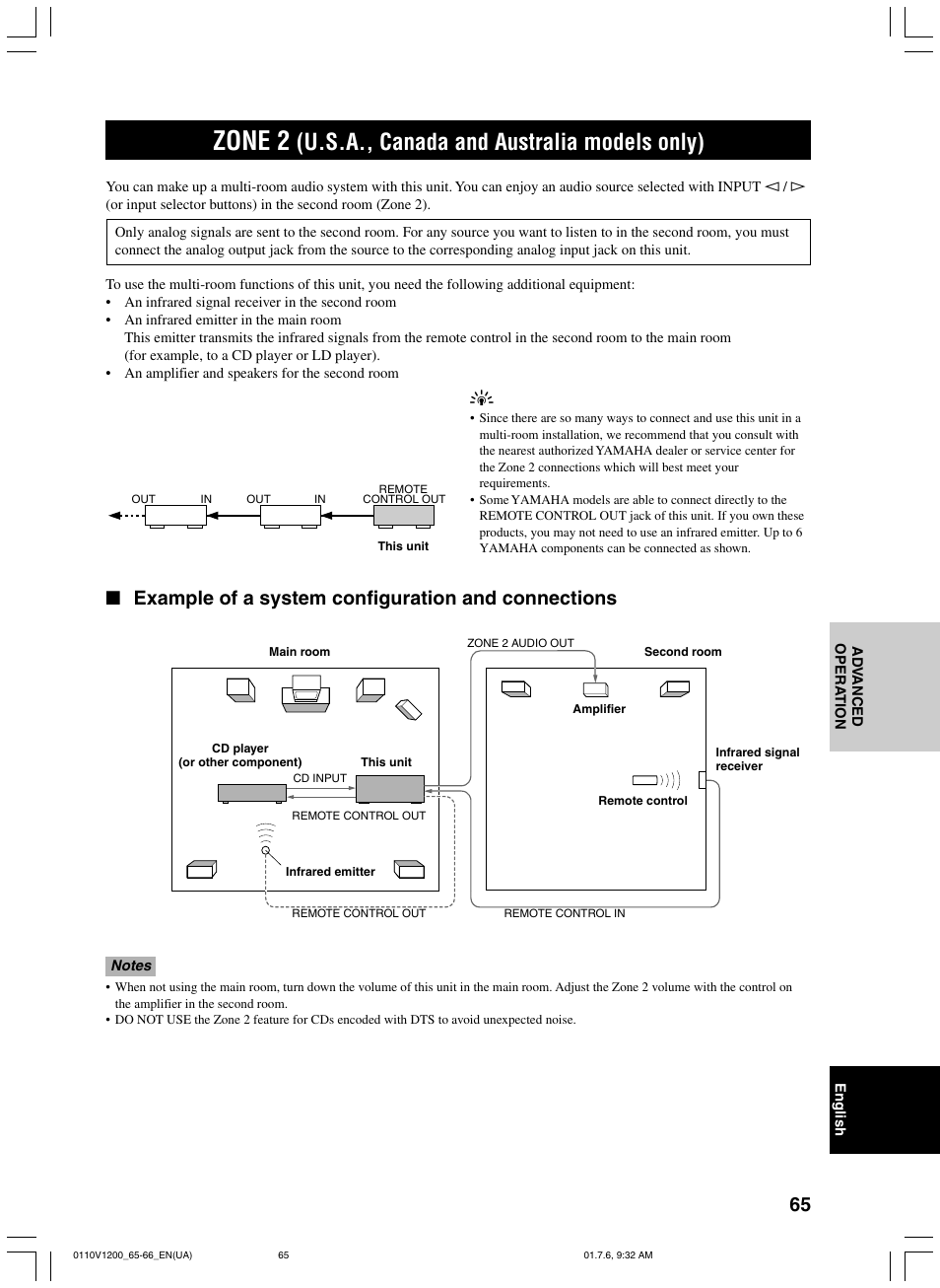 Zone 2 (u.s.a., canada and australia models only), Zone 2, U.s.a., canada and australia models only) | Example of a system configuration and connections | Yamaha RX-V1200 User Manual | Page 69 / 84