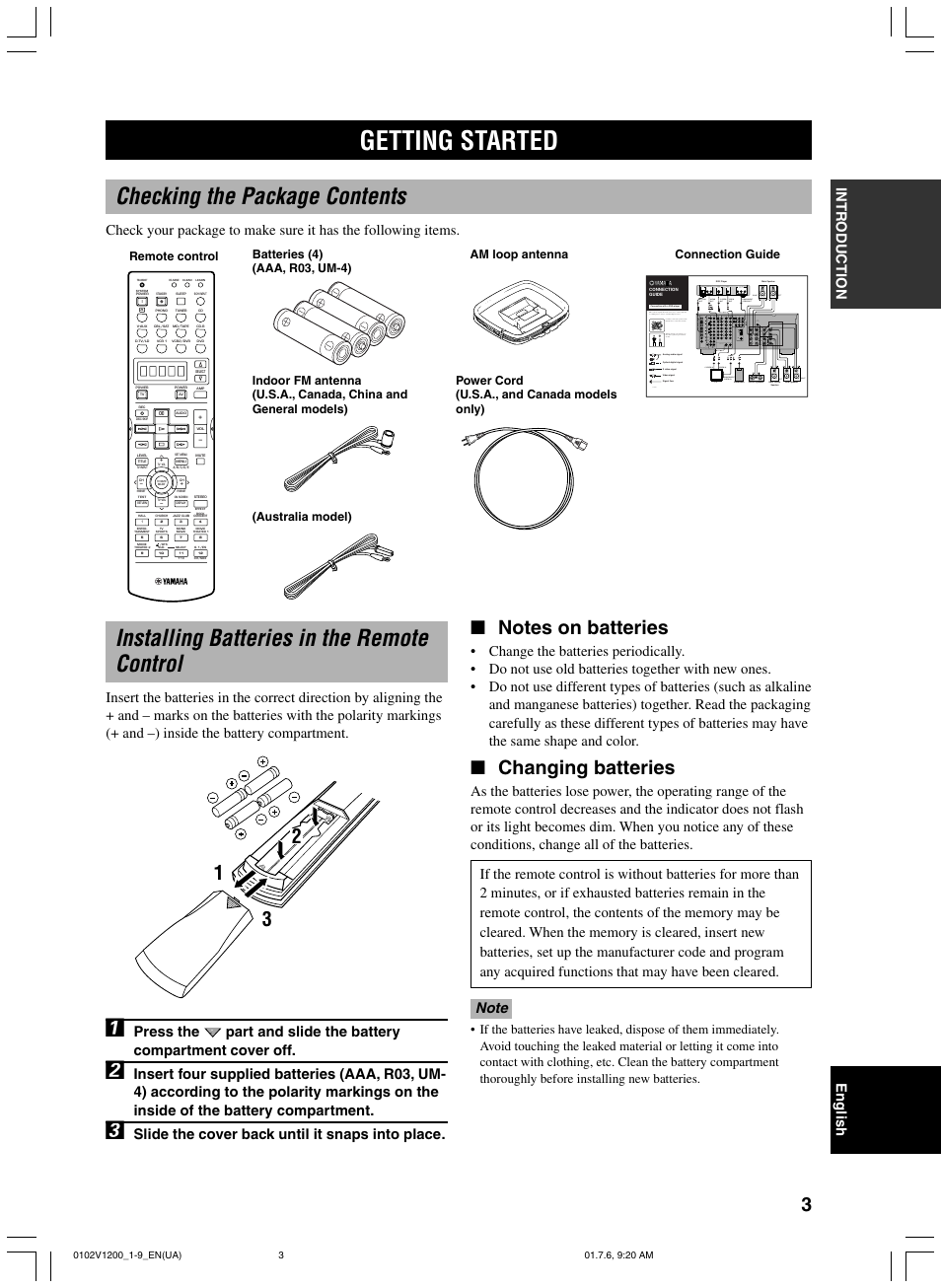 Getting started, Checking the package contents, Installing batteries in the remote control | Changing batteries, Slide the cover back until it snaps into place, Lr v s o | Yamaha RX-V1200 User Manual | Page 7 / 84
