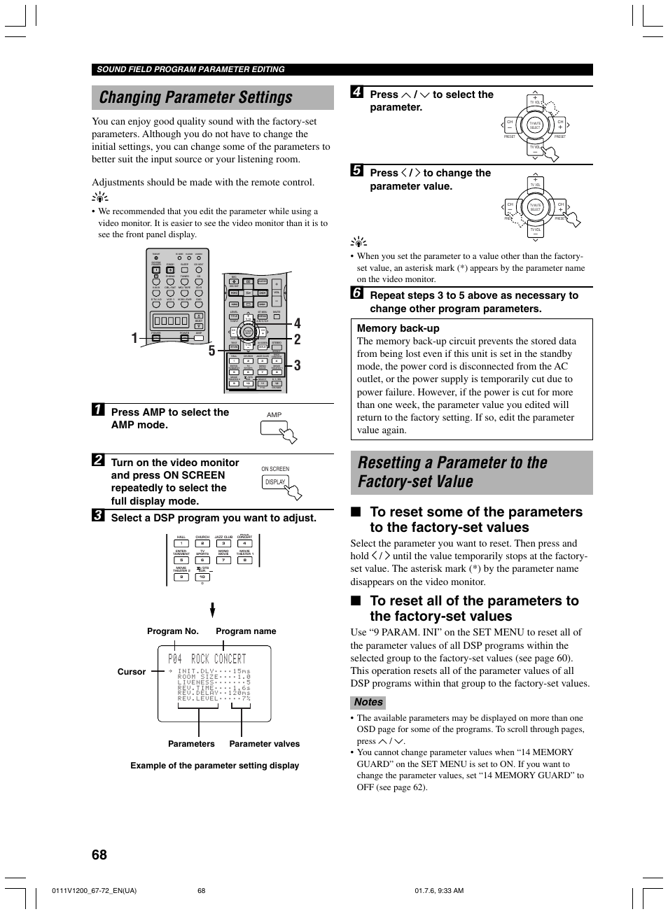 Changing parameter settings, Resetting a parameter to the factory-set value, P04 rock concert | Press u / d to select the parameter, Press j / i to change the parameter value, Press amp to select the amp mode, Select a dsp program you want to adjust, Parameter valves, Sound field program parameter editing | Yamaha RX-V1200 User Manual | Page 72 / 84