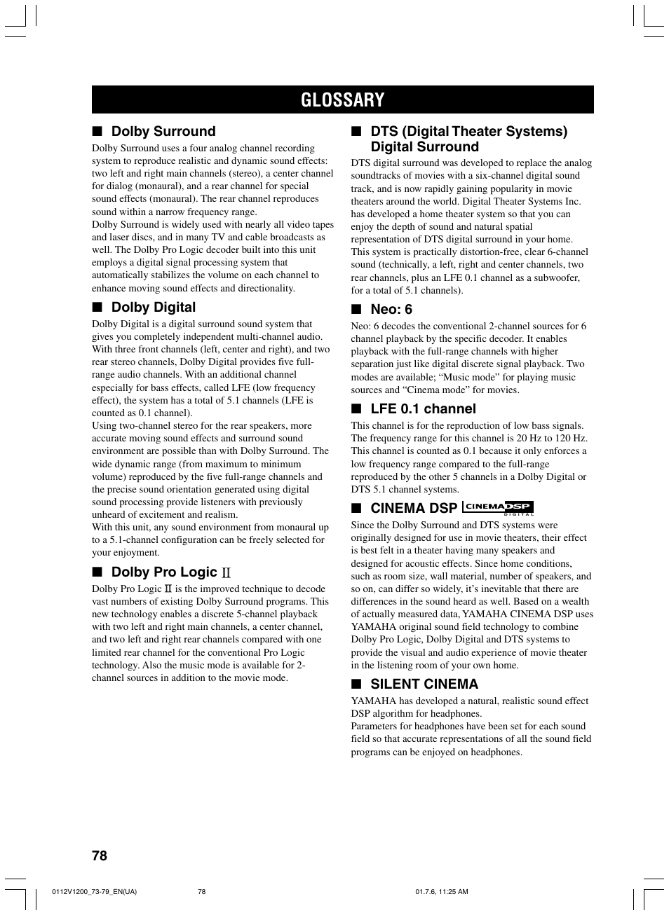 Glossary | Yamaha RX-V1200 User Manual | Page 82 / 84