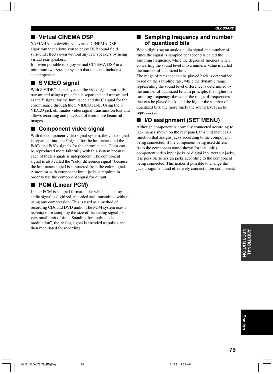 Virtual cinema dsp, S video signal, Component video signal | Pcm (linear pcm), Sampling frequency and number of quantized bits, I/o assignment (set menu) | Yamaha RX-V1200 User Manual | Page 83 / 84
