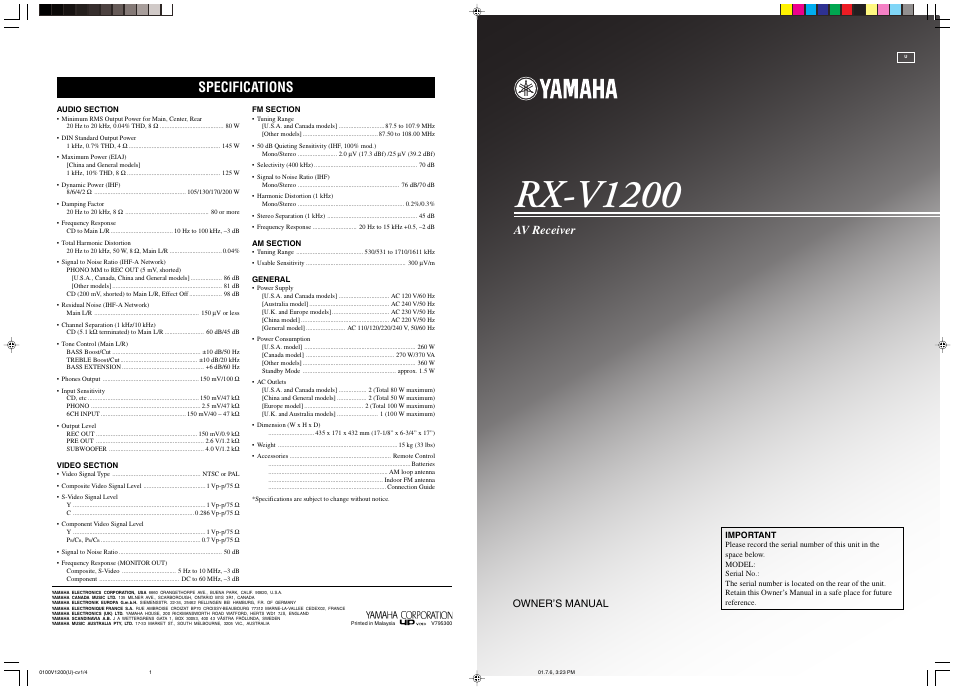 Specifications, Rx-v1200, Av receiver | Owner’s manual | Yamaha RX-V1200 User Manual | Page 84 / 84