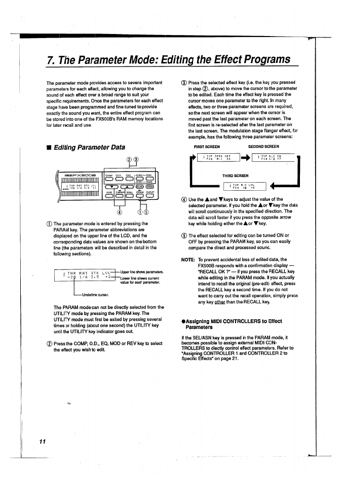 The parameter mode: editing the effect programs, Editing parameter data, Assigning midi controllers to effect parameters | Yamaha FX500B User Manual | Page 12 / 94