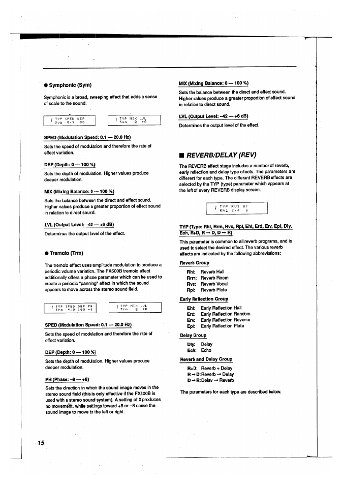 Tremolo (trm), Reverb/delay (rev), Reverb/delay | Yamaha FX500B User Manual | Page 16 / 94